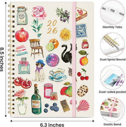 2026 Planner, Weekly and Monthly Planner for Women, January 2026 to December 2026, Pretty Hardcover 2026 Calendar Planner Book with Tabs, Inner Pocket, Spiral Bound, Perfect Office Home School Supplies - 6.3" x 8.5", Whimsical Bits