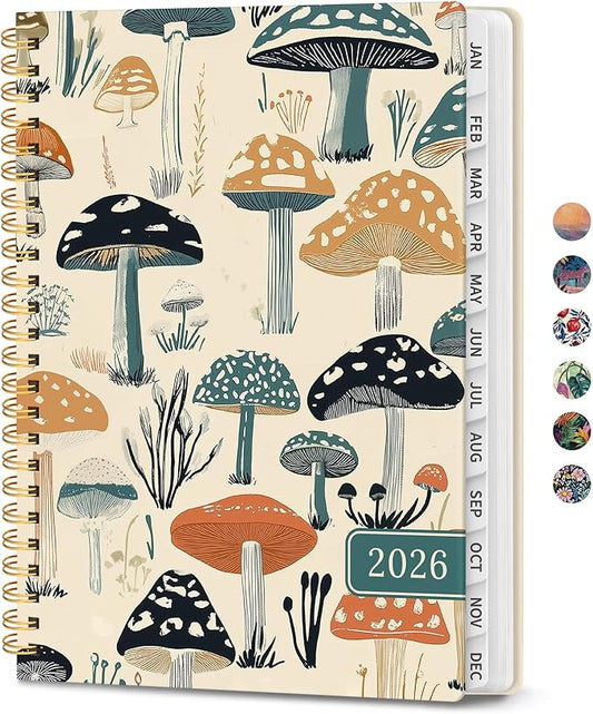2026 Planner, Aesthetic Weekly and Monthly Planner for Women, Jan 2026 to Dec 2026, Hardcover 2026 Calendar Book with Monthly Tabs, Inner Pocket, Perfect for Office Home School - A5 (6.3" x 8.5"), Mushrooms Grove