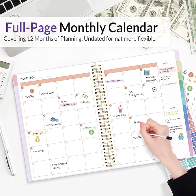 SUNEE Budget Planner - Monthly Budget Book with Expense Tracker Notebook, A4(8.5" x 11") Undated 12 Month Bill Organizer & Finance Planner to Manage Your Money, Account Book with Colorful Tab, Purple