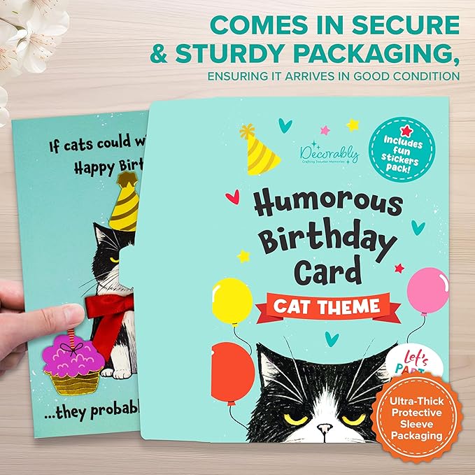 Decorably Gold-Foiled 5x7in Individual Funny Cat Birthday Card with Birthday-Themed Cutouts and Ribbon, Textured Cat Card Set with Envelope and Stickers, with Printed Message Inside