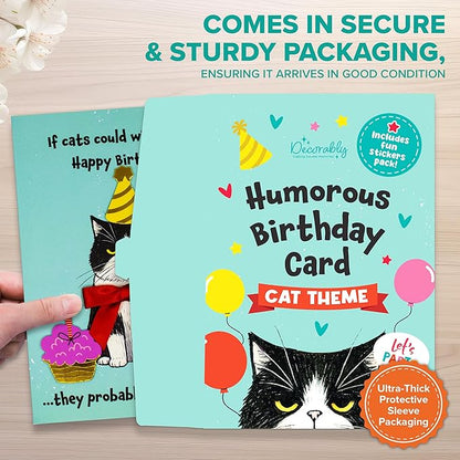 Decorably Gold-Foiled 5x7in Individual Funny Cat Birthday Card with Birthday-Themed Cutouts and Ribbon, Textured Cat Card Set with Envelope and Stickers, with Printed Message Inside