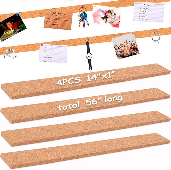 4 Pack Small Bulletin Strip Cork Strip Cork Board Tiles Bulletin Bar Strips for Walls, Adhesive Pin Board for Classroom Memo Office Home Kitchen School Desk, 14"x1"-10mm Thick