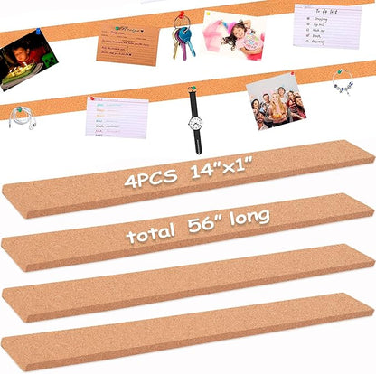 4 Pack Small Bulletin Strip Cork Strip Cork Board Tiles Bulletin Bar Strips for Walls, Adhesive Pin Board for Classroom Memo Office Home Kitchen School Desk, 14"x1"-10mm Thick