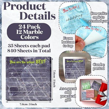 Yinder 24 Pcs Inspirational Sticky Notes with Lines Cute Motivational Sticky Notes Pad Employee Appreciation Gifts Bulk for Teacher Nurse Coworkers Office Supplies 3 x 3''(Marble Color,Appreciation)