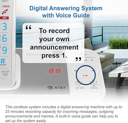 AT&T DAL75211 DECT 6.0 Cordless Home Phone with Smart Call Blocker, Bluetooth Connect to Cell, Digital Answering Machine, Full-Duplex Speakerphone, Expandable to 5 HS (White)
