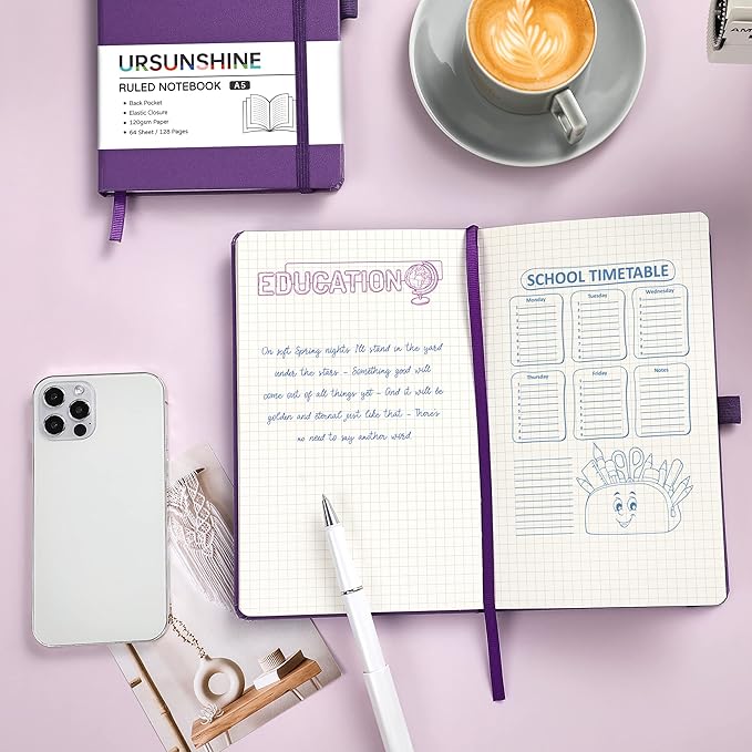 Graph Grid Paper Notebook/Journal - Classic Journal/Notebook with Ribbon Divider, Hardcover with Thick Paper, 5.3" x 8.26", Banded + Pen Holder +Inner Pocket - Purple