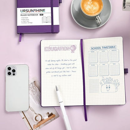 Graph Grid Paper Notebook/Journal - Classic Journal/Notebook with Ribbon Divider, Hardcover with Thick Paper, 5.3" x 8.26", Banded + Pen Holder +Inner Pocket - Purple