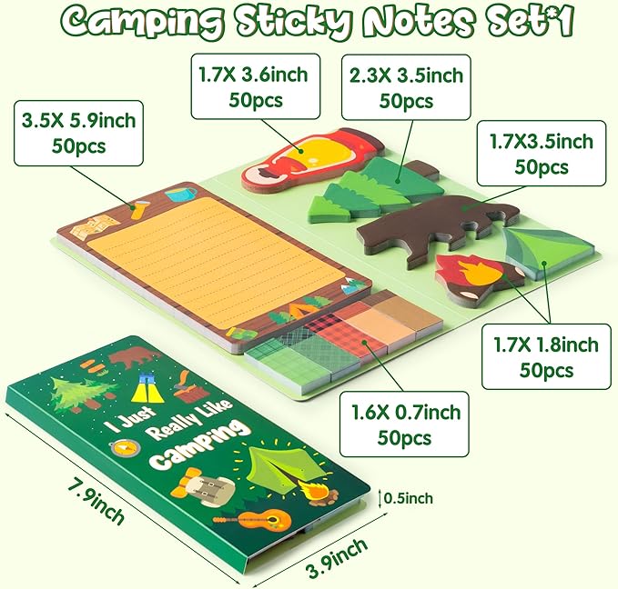 I Just Really Like Camping Sticky Notes Set, 550 Sheets, Camp Adventure Self-Stick Note Pads Tree Bear Tent Writing Memo Pads Page Marker Student Classroom Back to School Gift Office Supplies