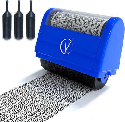 Identity Theft Protection Roller Stamps Wide Kit - Confidential Roller Stamp, Anti Theft, Privacy & Security Stamp, Designed for ID Blackout Security - Classy Blue Wide with 3 Refills