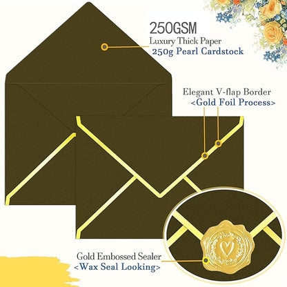 60 Pack Gold Envelopes 5x7 Bulk Tan Brown, 250G Pearled Cardstock A7 Envelopes for Invitations Business Mailing Envelope with Gold Foil Border, A6 4x6 Envelopes for Wedding Baby Shower Cards
