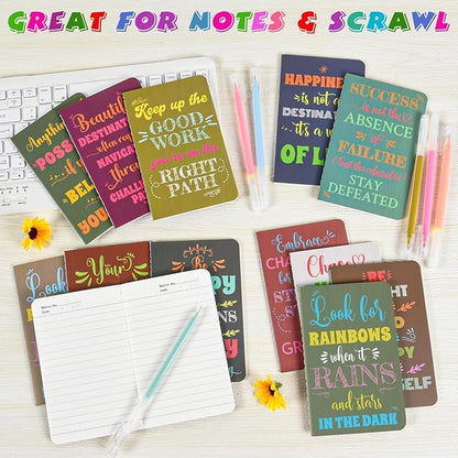 12 Pcs Mini Inspirational Notebooks Bulk with 12 Pcs Colorful Pens, Small Pocket Journal Notepads Set, Motivational Bulk Gifts for Women Men Teacher Student Kids,Fun School Office Supplies,3.5"x5.5"