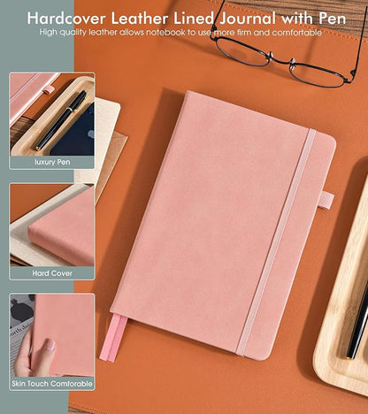 Lined Journal Notebook for Men Women, 200 Numbered Pages Leather Hardcover Journal with Pen, A5 Journaling Notebooks, Thick Paper College Ruled Journals for Writing Work Business 5.75'' X 8.38'' Pink
