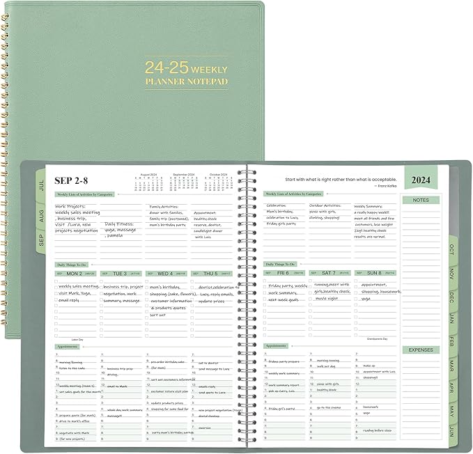 2024-2025 Planner - 11.38'' x 8.74'', Weekly & Monthly Planner Notepad,JUL 2024 - JUN 2025, Appointment Book, 60 Minutes Intervals, Monthly Tabs, Faux Soft Leather, Spiral Bound, Back Pockets - Green