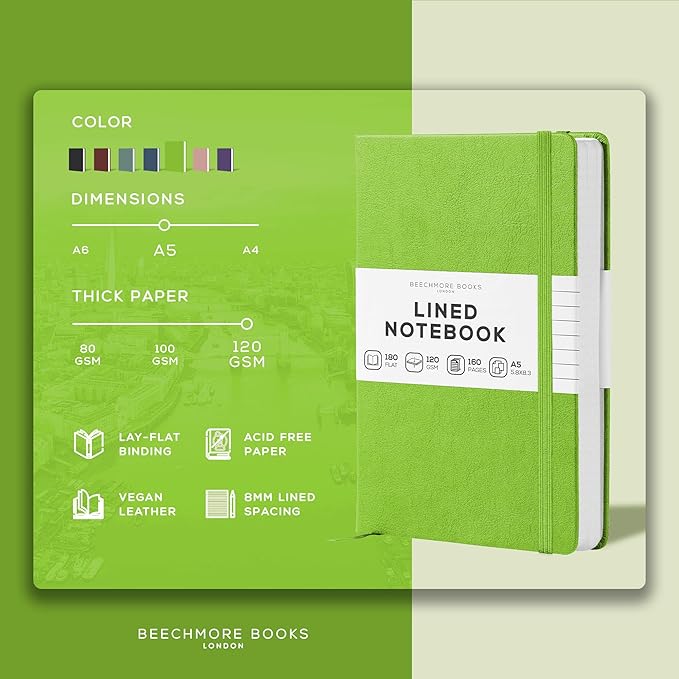 BEECHMORE BOOKS Lined Journal Notebook, 5.8 x 8.3 inch, A5 160 Lined Pages, Hardcover Leather Journals for Women, Men, Writing and Notebooks for Work - 120 GSM Thick Paper, Gifts Box Included