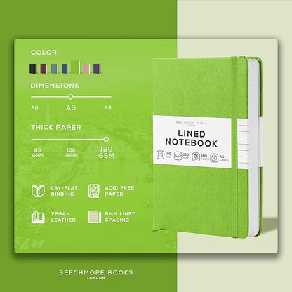 BEECHMORE BOOKS Lined Journal Notebook, 5.8 x 8.3 inch, A5 160 Lined Pages, Hardcover Leather Journals for Women, Men, Writing and Notebooks for Work - 120 GSM Thick Paper, Gifts Box Included
