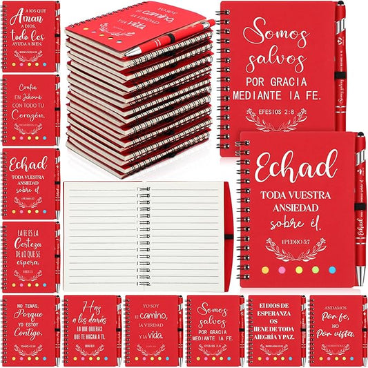 60 Pcs Spanish Christian Gifts Bulk Religious Notebooks with Bible Verse Pens,inspirational Spiral Prayer Journal and Pen Set Church Gifts for Women Men Sunday Church Party Favors (Red)