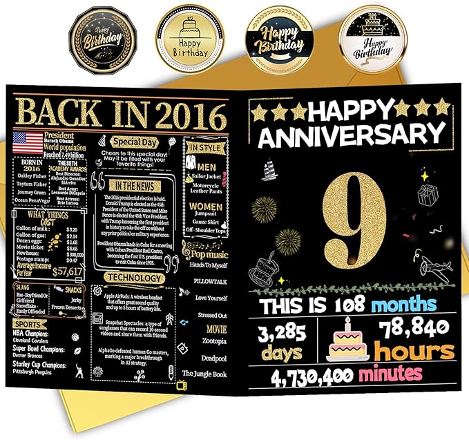 Joycard 9th Anniversary Card for Women Men, Gold Wedding Card for Wife Husband, Sweet Marriage Decorations Gifts for Couple, Perfect for Her Him on Anniversary Day, Back in 2016