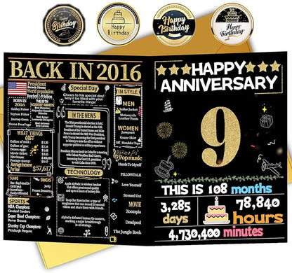 Joycard 9th Anniversary Card for Women Men, Gold Wedding Card for Wife Husband, Sweet Marriage Decorations Gifts for Couple, Perfect for Her Him on Anniversary Day, Back in 2016
