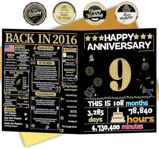 Joycard 9th Anniversary Card for Women Men, Gold Wedding Card for Wife Husband, Sweet Marriage Decorations Gifts for Couple, Perfect for Her Him on Anniversary Day, Back in 2016