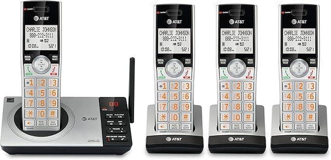 AT&T CL82407 DECT 6.0 4-Handset Cordless Phone for Home with Answering Machine, Call Blocking, Caller ID Announcer, Intercom and Long Range, Silver