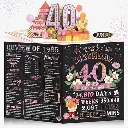 40th Birthday Card for Women Her, Jumbo Pop Up 40th Birthday Cards for Wife Mom, Happy 40th Birthday Decorations for 40 Year Old Women Funny Birthday Gifts, Review of 1985, Pink