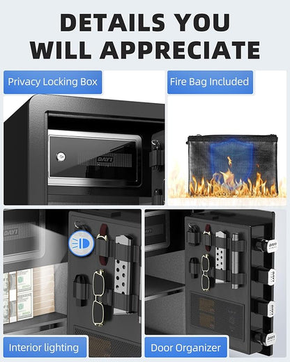 DAYI Biometric Fingerprint Safe Box, 2.0 Cubic Feet Home Safes with Fireproof Bag, Digital Touchpad Security Safe for Money Cash Documents, Dual Alarm System - DF-45 Pro