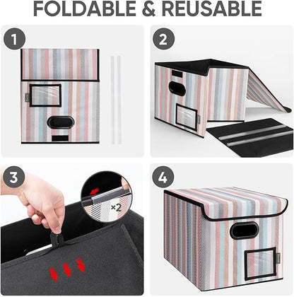 BALEINE File Organizer Box with Lid, Collapsible File Folder Organizer with Plastic Slide, Hanging File Folder Box for Office Document Storage (1 Pack, Color Stripe)