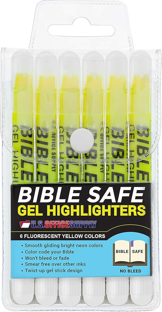 U.S. Office Supply 6 Pack of Yellow Bible Safe Gel Highlighters - Bright Neon Fluorescent Yellow Color Markers, Highlight On Any Paper - Won't Bleed, Fade or Smear - Twist-Up Design, Study Guide
