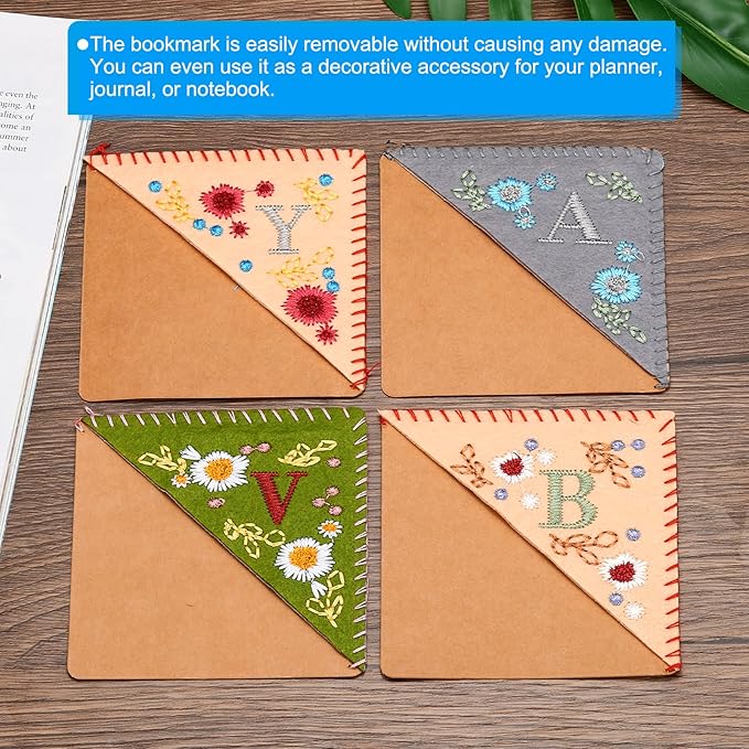 PATIKIL Personalized Embroidered Corner Bookmark, Cute Flower Felt Stitched Triangle Book Mark Page Marker for Women Men Book Lovers Teachers, Pink, Letter F