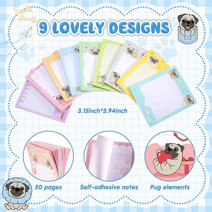 Sabary 9 Pads Sticky Notes 3.15 x 3.94 Inches Cute Self Sticky Note Pads Colored Adhesive Notepad for Memo Reminder Journal Studying Office Home Gift(Pug)