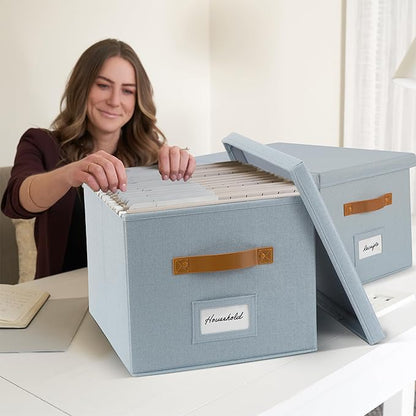ZICOTO Decorative File Organizer Box Set of 2 - Collapsible Linen Filing Cabinets w/Handles Are Perfect to Store all Your Documents & Hanging File Folders - Portable Easy Slide Crates with Lid
