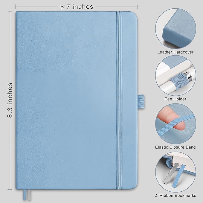 RETTACY Blank Journal Notebook, A5 Blank Journal with 192 Pages, 5.7'' × 8.3'' Medium Size, 68 LB/100 GSM Thick Paper, Leather Hardcover, for Sketching, Drawing, Painting (Light Blue)