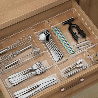 12 Piece Clear Drawer Organizer Set, 3 Sizes Bathroom Vanity Organizer Trays and Storage Bins for Makeup, Cosmetics, Jewelry, and Gadgets. Perfect for Office, Kitchen, Bedroom, Bathroom Use.