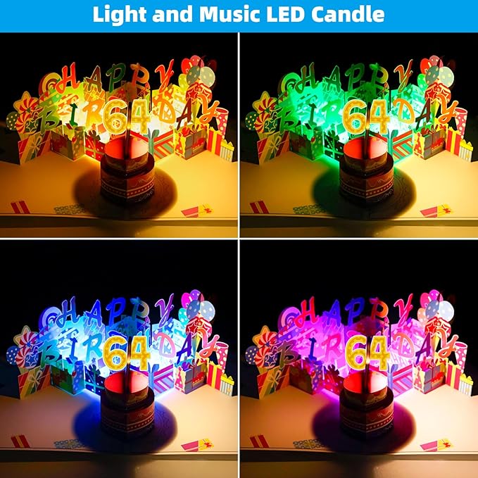 Gumry 64TH Musical Birthday PopUp Card, Blowable Colorful Light Candle 3D Cards with Song, Applause Cheers Sound, Greeting Cards Birthday Gifts Decorations for Women Men Turning 64 Years Old