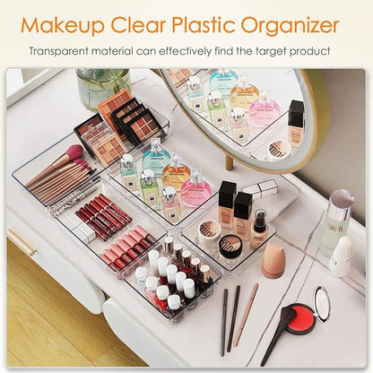 Criusia Drawer Organizer, 6 Pack Large Clear Plastic Drawer Organizers Set, 2 Size Versatile Bathroom and Vanity Drawer Organizer Trays, Storage Bins for Makeup, Bedroom, Kitchen Gadgets Utensils