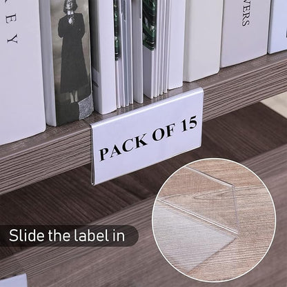 Containlol 15 Pieces Moveable Shelf Label Holders Clear Transparent Shelves Tags Index Card Pockets Library Markers Label Display Holder for Classroom Office Book(9.06 x 3.03 x 1.57 Inch)