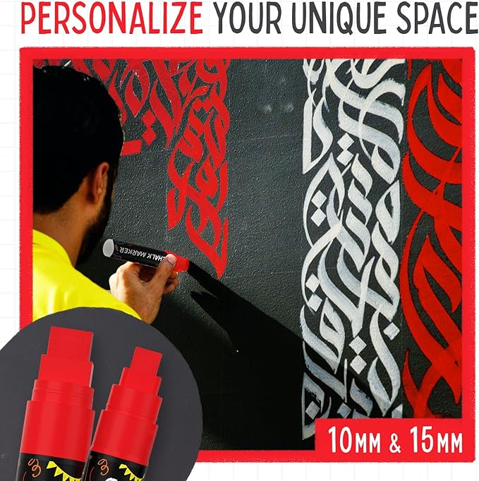 5 Red Chalkboard Chalk Markers - Red Dry Erase Markers for Blackboard, Chalkboard Signs, Windows, Glass | Variety Pack - Fine & Jumbo Size Ink Pen (1mm, 3mm, 6mm, 10mm, 15mm)