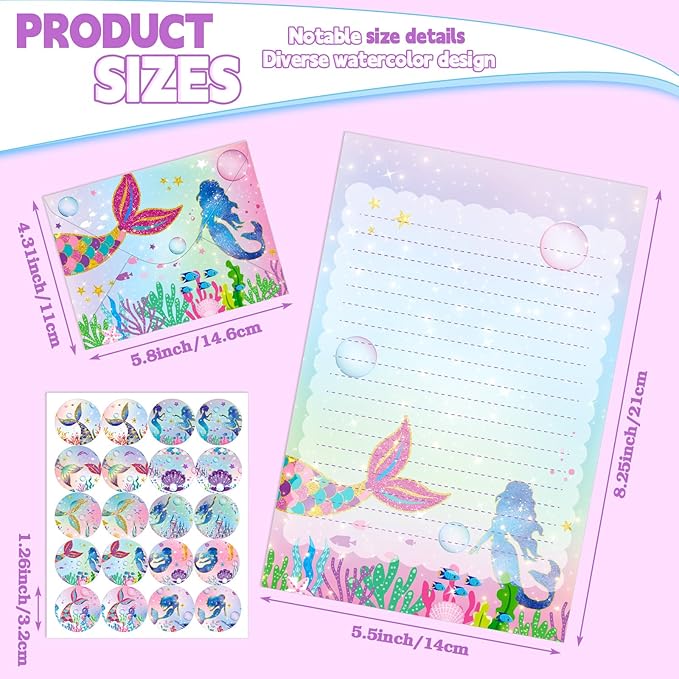 TaoBary 160 Packs Stationery Paper Set (50 Double Sided Stationery Writing Papers 50 Matching Envelopes) 60 Round Dot Sticker, 10 Design(Mermaid,5.5 x 8.25 Inch)