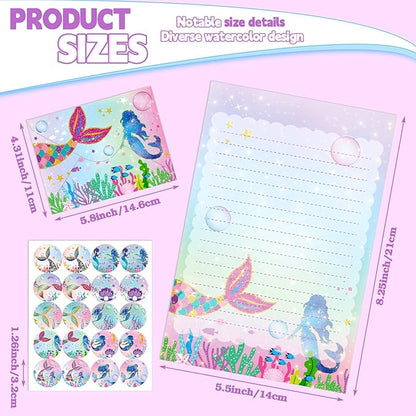 TaoBary 160 Packs Stationery Paper Set (50 Double Sided Stationery Writing Papers 50 Matching Envelopes) 60 Round Dot Sticker, 10 Design(Mermaid,5.5 x 8.25 Inch)