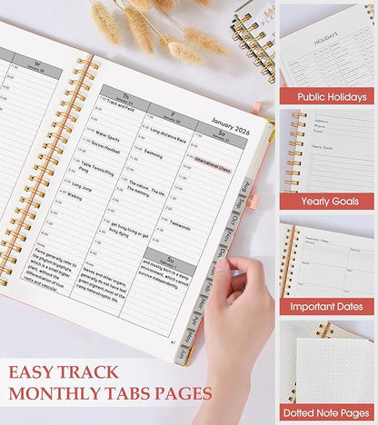 2026 Planner, Weekly and Monthly Calendar Planner from January 2026 - December 2026, 8.5" x 11" Hardcover Leather Hourly Appointment Book with Tabs, Spiral Daily Planners for College School Work Home, Pink