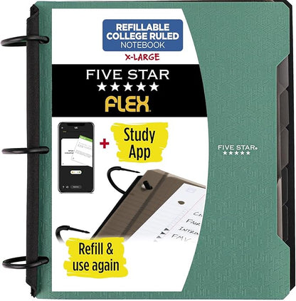 Five Star Flex Refillable Notebook + Study App, College Ruled Paper, 1-1/2 Inch TechLock Rings, Pockets, Tabs and Dividers, 300 Sheet Capacity, Color Will Vary (29328)
