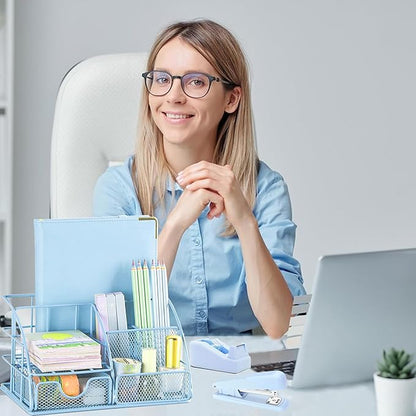 Blue Office Desk Accessories Supplies, 10pcs Desk Organizers and Accessories with Tape Dispenser and Stapler,Staples,Scissor,Ruler,Sticky Tabs,Tape,Ballpoint Pen,Clips Set