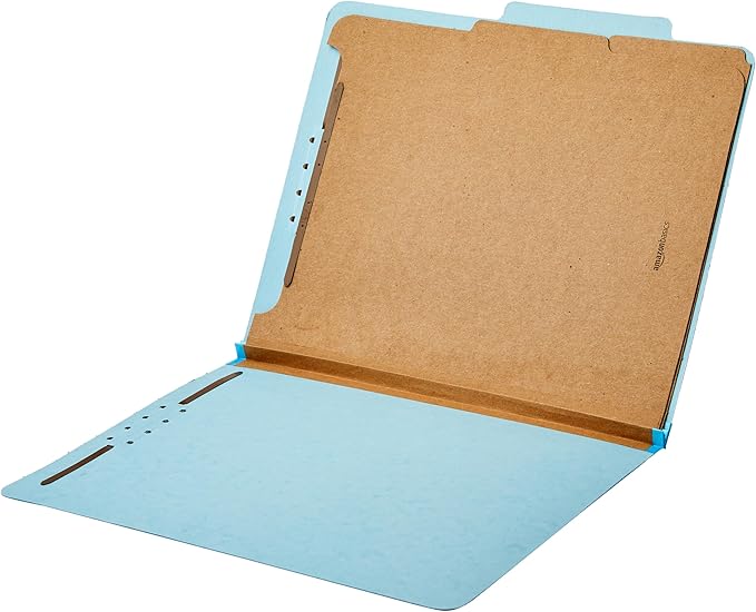 Amazon Basics Classification Folder, 100% Recycled, 2 Dividers, 2" Embedded, 12.17 x 10.39 inch (Letter), Light Blue, 10 Count per Box