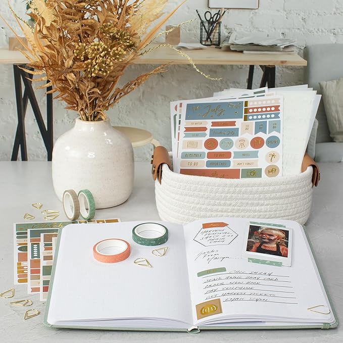 ZICOTO Ultimate All-in-One Journaling Kit - Incl. Journal Notebook With Linen Hardcover and Dotted Pages, Stencils, Stickers, Washi Tapes, Paper Clips and More Bullet Checklist Supplies