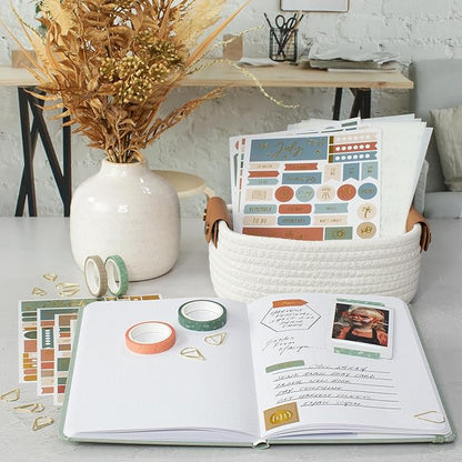 ZICOTO Ultimate All-in-One Journaling Kit - Incl. Journal Notebook With Linen Hardcover and Dotted Pages, Stencils, Stickers, Washi Tapes, Paper Clips and More Bullet Checklist Supplies