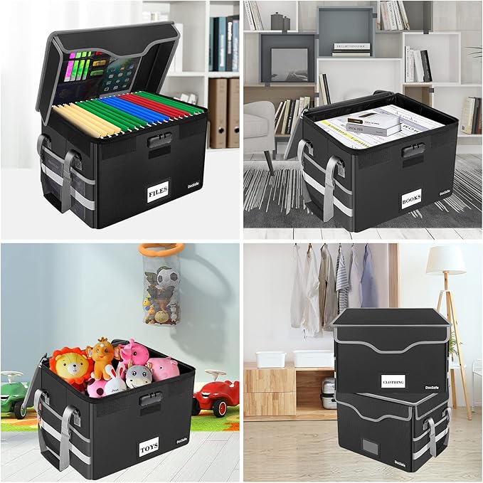 DocSafe File Box Fireproof Document Box with Lock,File Storage Organizer Box with Insert Pockets,Collapsible Portable File Box Home Office File Cabinet for Hanging Letter/Legal Folders,Black,2 Pack