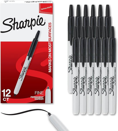 Sharpie Retractable Permanent Markers, Fine Tip Marker Set, Office Supplies, Teacher Supplies, Black, 12 Count