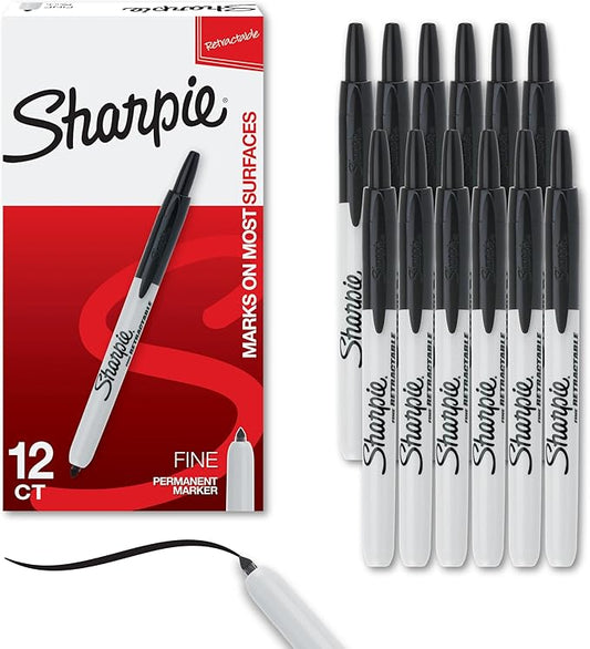 Sharpie Retractable Permanent Markers, Fine Tip Marker Set, Office Supplies, Teacher Supplies, Black, 12 Count
