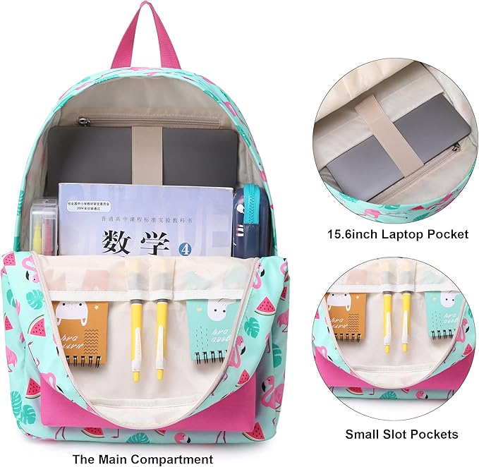 Flamingo School Backpack for Teens Girls, Womens College Bookbags Kids School Bags Laptop Backpacks