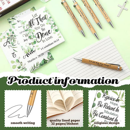 200 Pcs Bible Verse Sets Church Christian Gift Include 50 Scripture Notebooks 50 Bible Bamboo Pens 50 Thanks Tags 50 Organza Bags for Women Man Christian Party Gifts(Green,Vibrant)